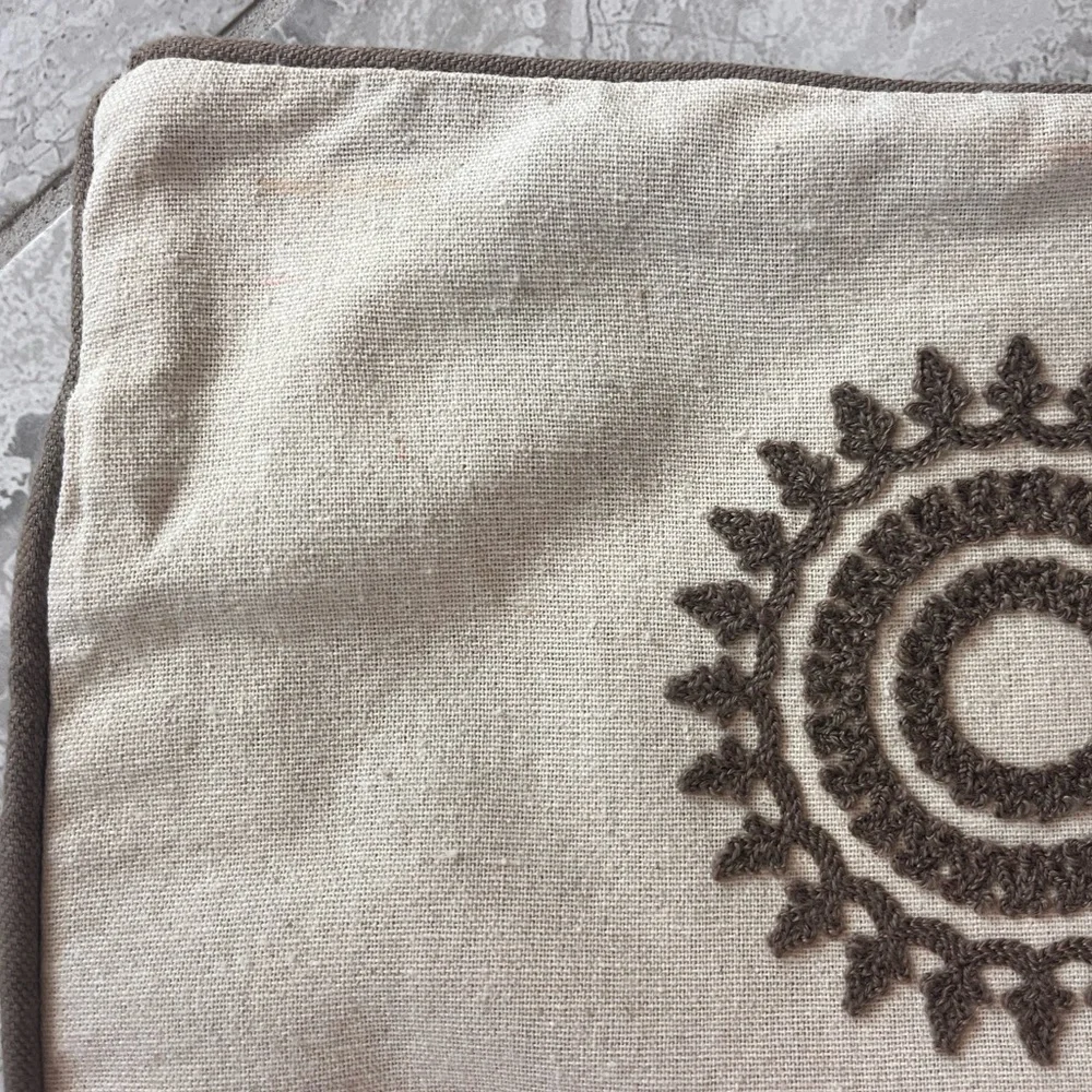Linen Pillow Cover with Embroidered Brown Circular Patterns, 12” x 20”